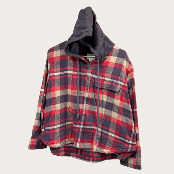 American Eagle Red Gray Plaid Hooded Quarter Button Flannel Shirt Size M - Picture 1 of 4